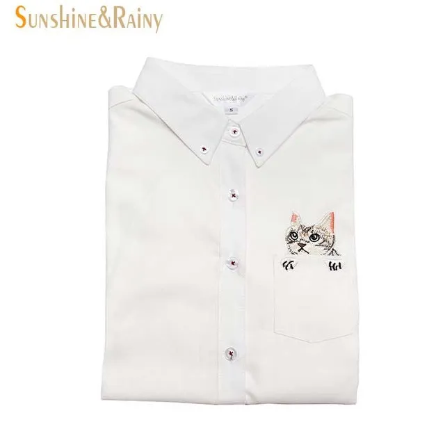 New High Quality Spring Autumn Women Blouse Cats Embroidery Long Sleeve Work Shirts Women office Tops White shirts for business