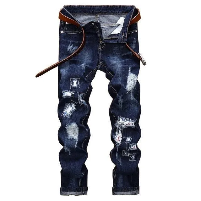 New Spring Fashion Hole Jeans Men Long Trousers Embroidered Cotton Classic Straight Jeans Plus size Blue