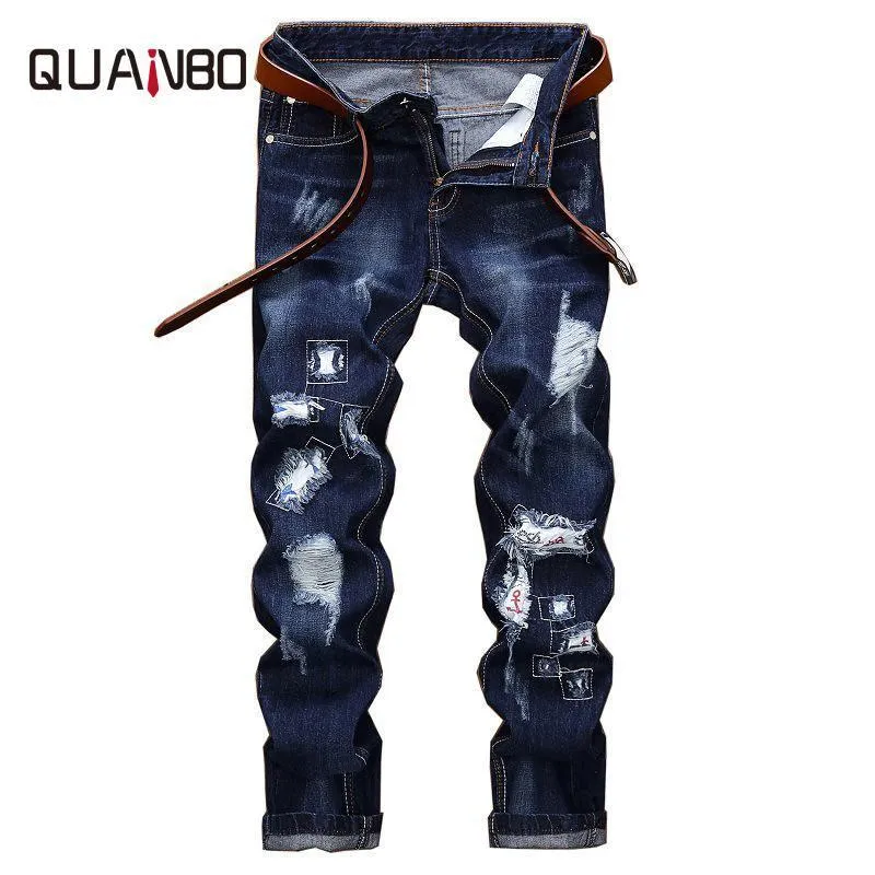 New Spring Fashion Hole Jeans Men Long Trousers Embroidered Cotton Classic Straight Jeans Plus size Blue