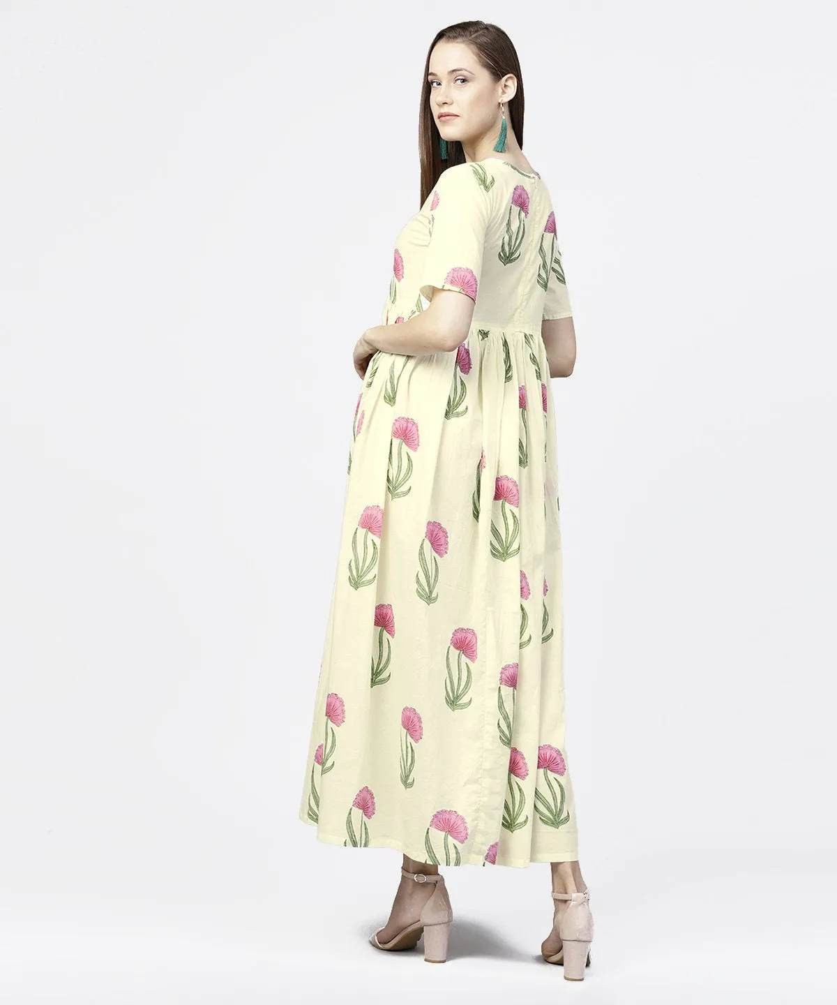 Off White Floral Printed Half Sleeve Cotton Maxi Dress