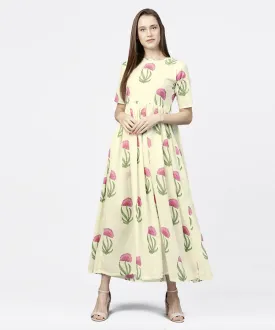 Off White Floral Printed Half Sleeve Cotton Maxi Dress