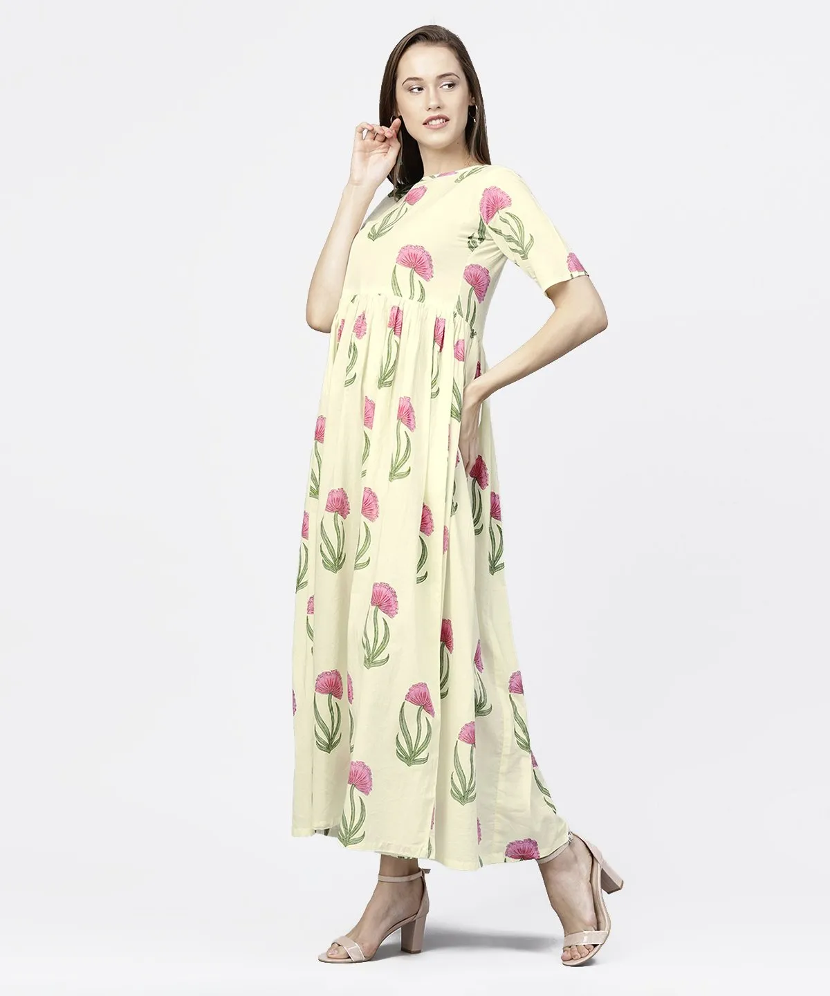 Off White Floral Printed Half Sleeve Cotton Maxi Dress