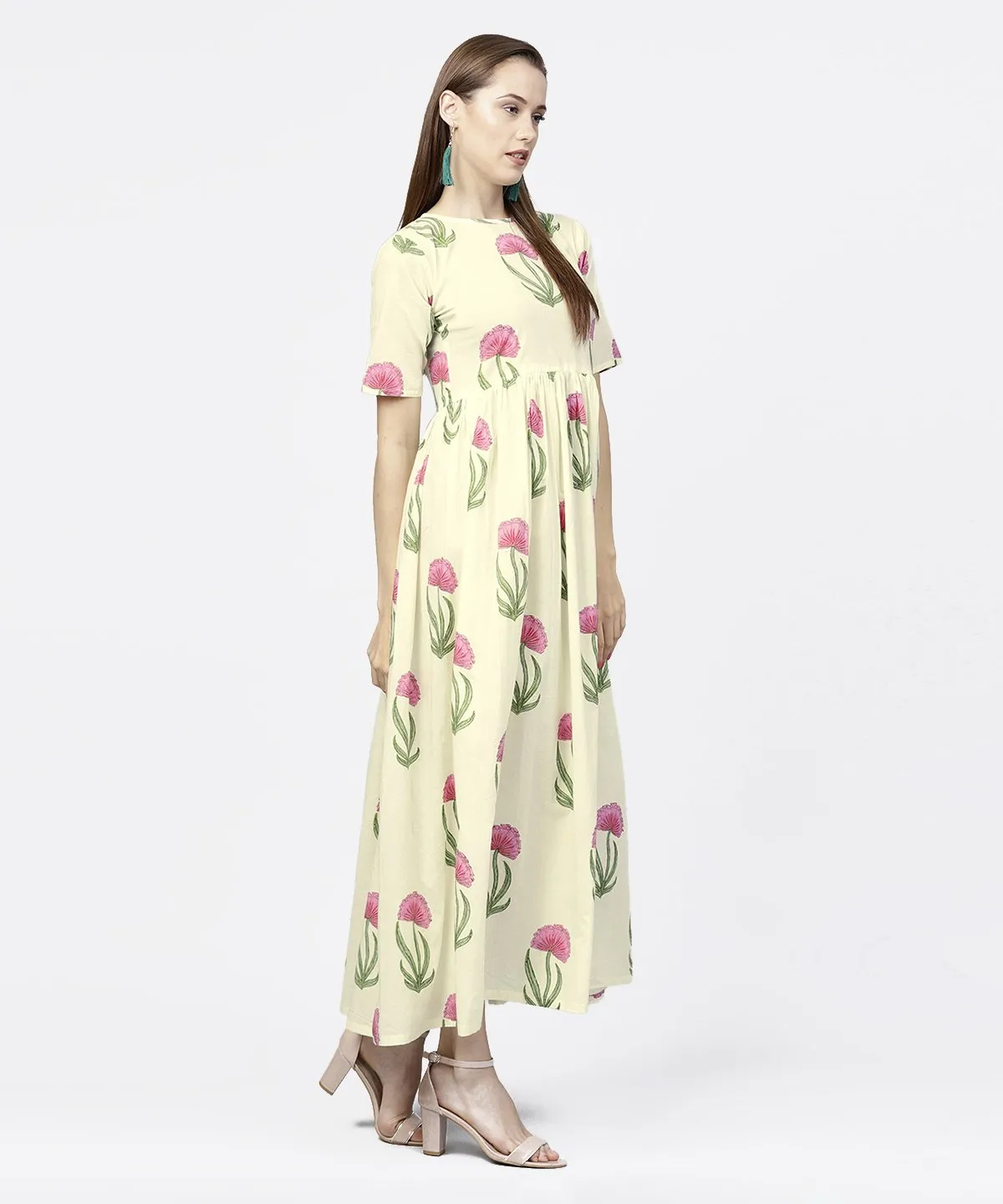 Off White Floral Printed Half Sleeve Cotton Maxi Dress