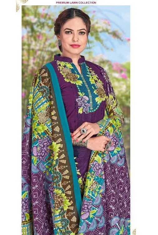 Pakistani Lawn Cotton Unstitched Suits Dress Material Purple