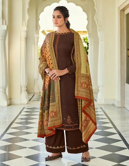 Pashmina Brown Salwar suit Dress Material for Woman with Embroidery