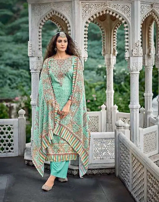 Pashmina Green Winter Unstitched Suit Set With shawl