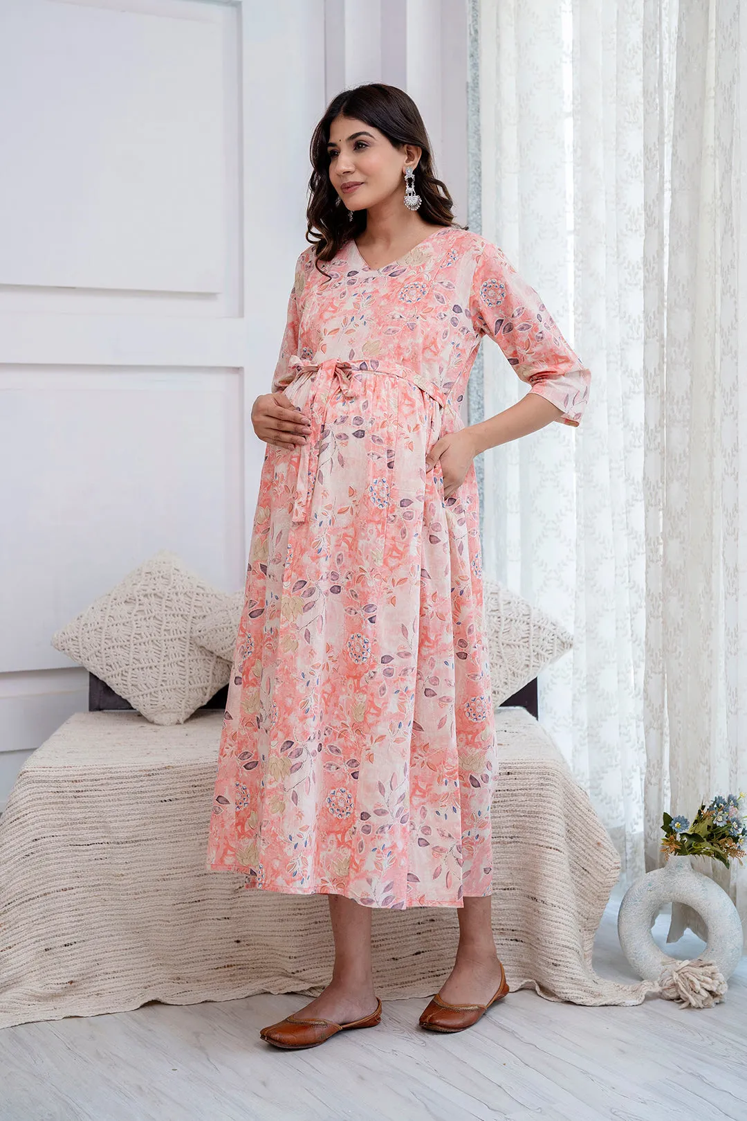 Peach Printed Maternity Dress For Women