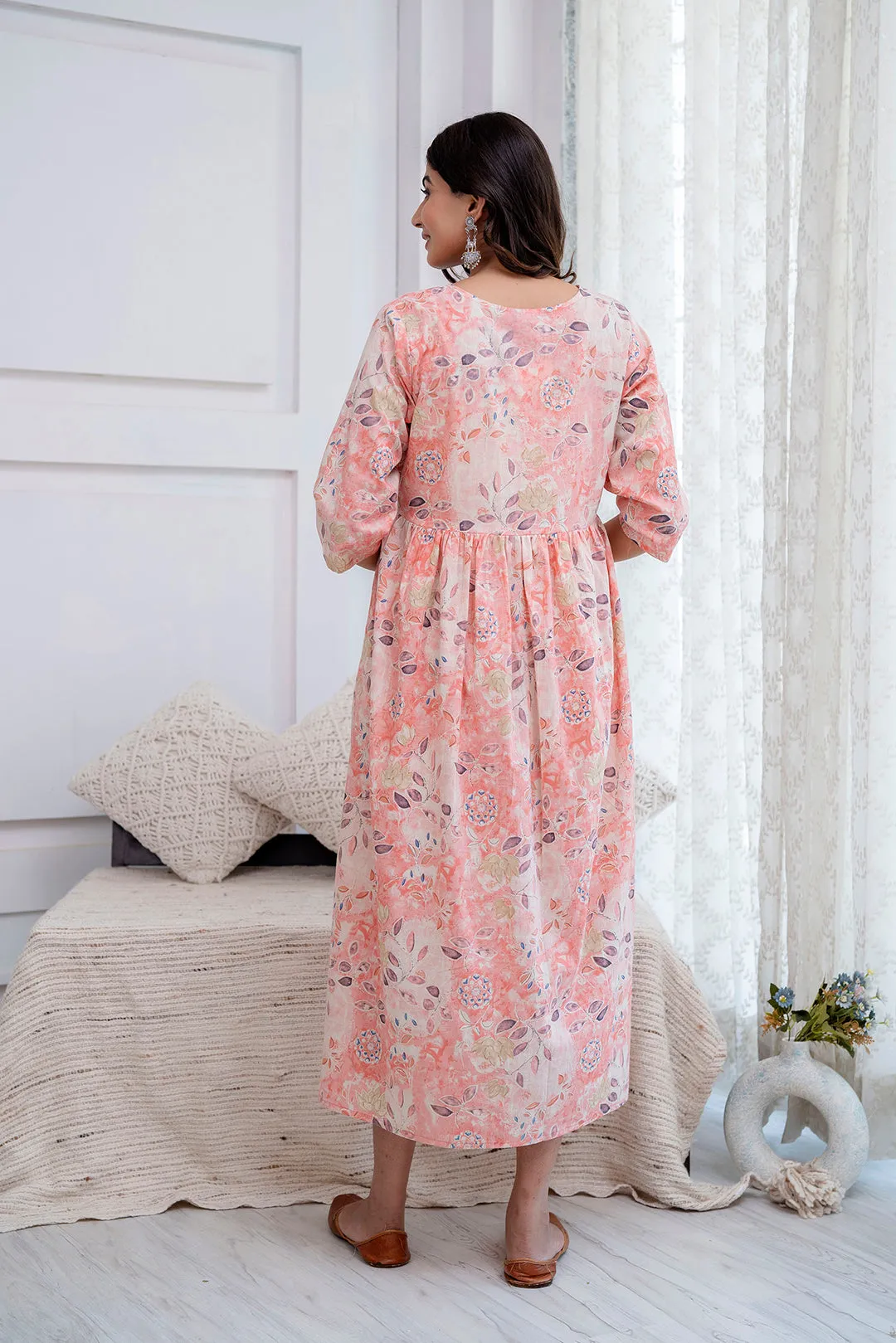 Peach Printed Maternity Dress For Women