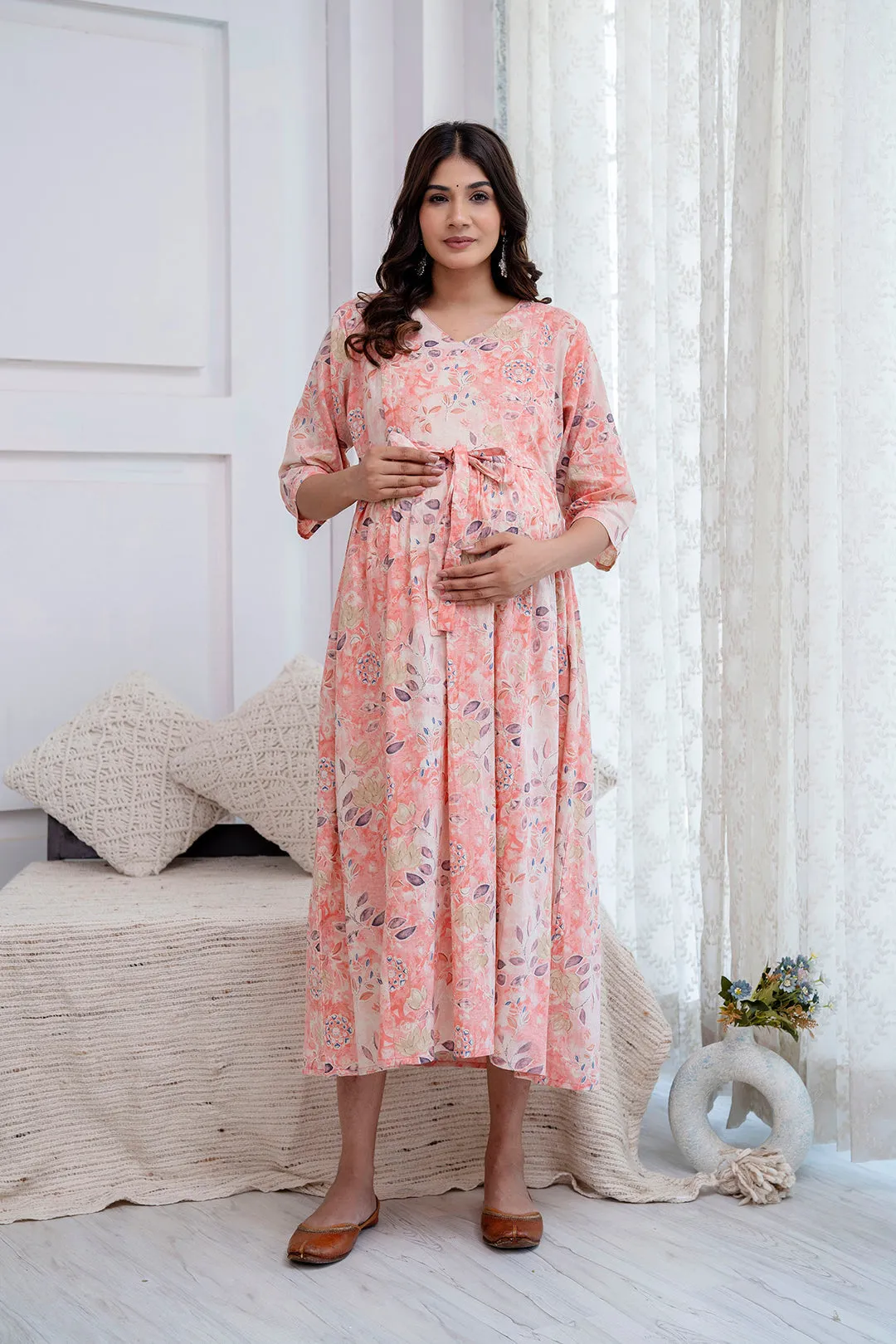 Peach Printed Maternity Dress For Women