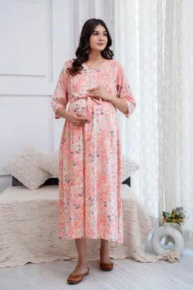 Peach Printed Maternity Dress For Women