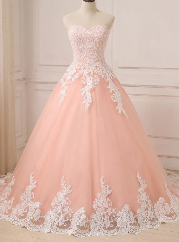 Pink Ball Gown Tulle Lace Appliques Sweetheart Princess Quinceanera Dresses