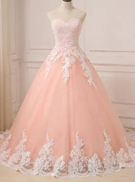 Pink Ball Gown Tulle Lace Appliques Sweetheart Princess Quinceanera Dresses