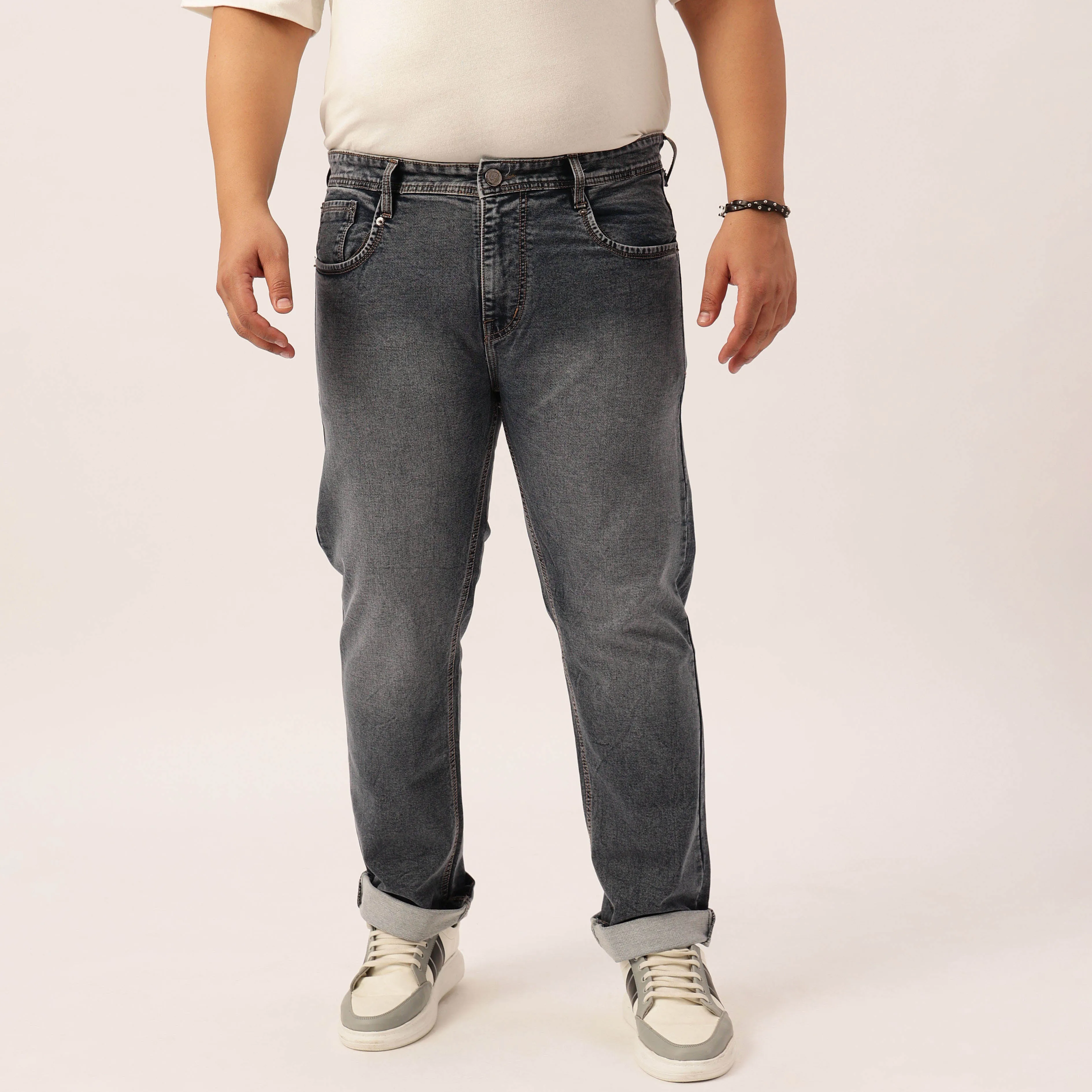 Plus Size Men Heavily Faded Grey Comfort Fit Jeans