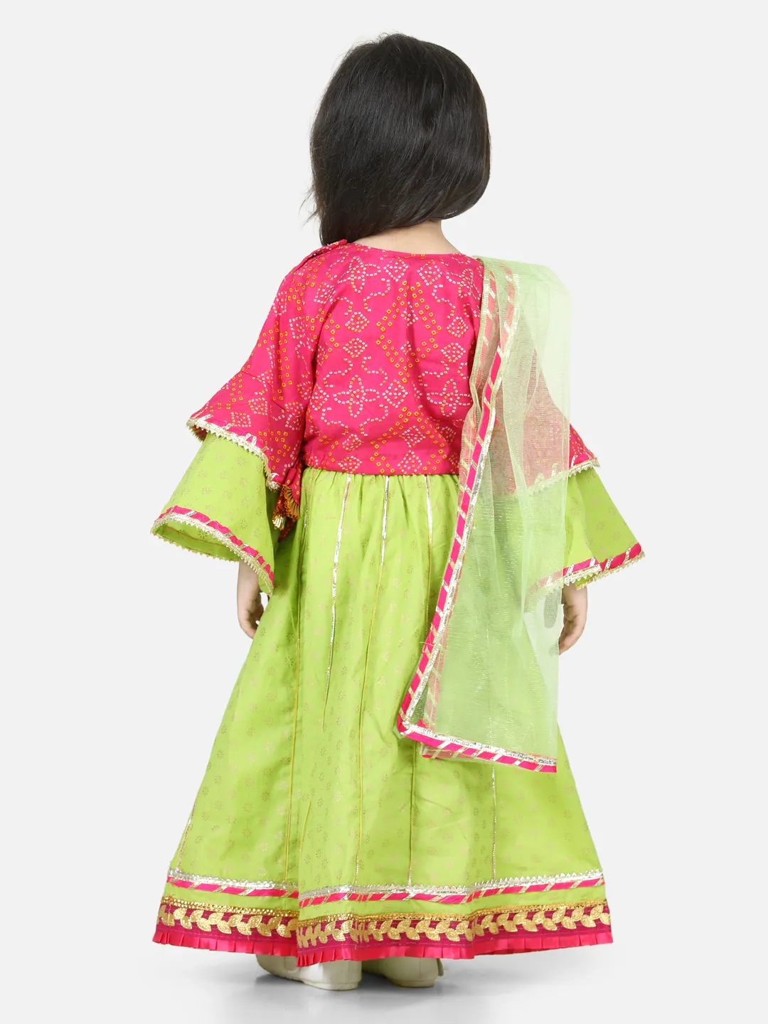 Printed Cotton Frill Sleeves Top with Lehenga for Girls- Pink