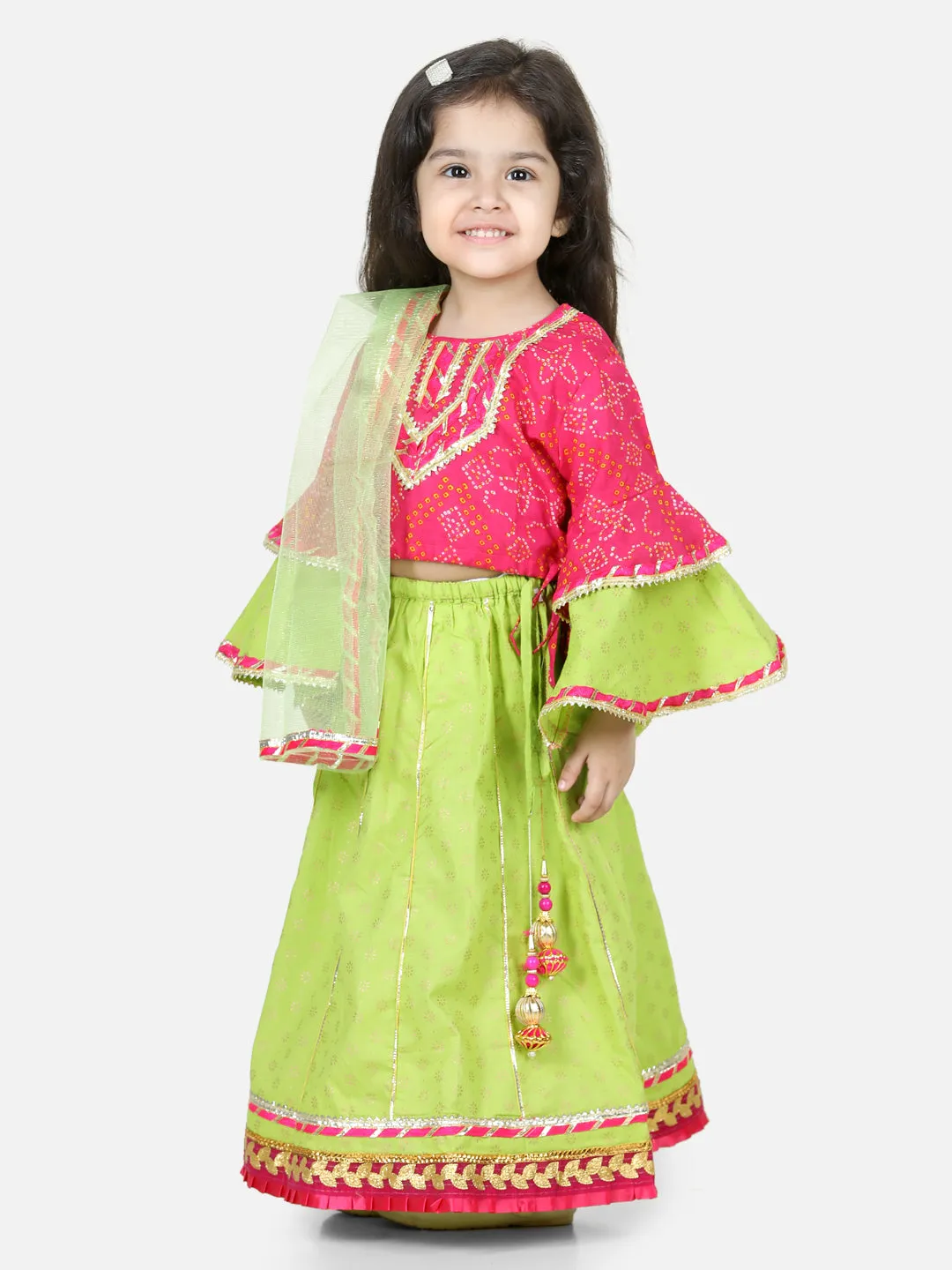 Printed Cotton Frill Sleeves Top with Lehenga for Girls- Pink