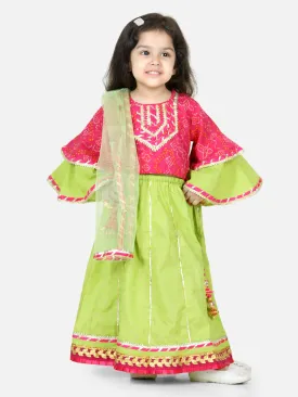 Printed Cotton Frill Sleeves Top with Lehenga for Girls- Pink