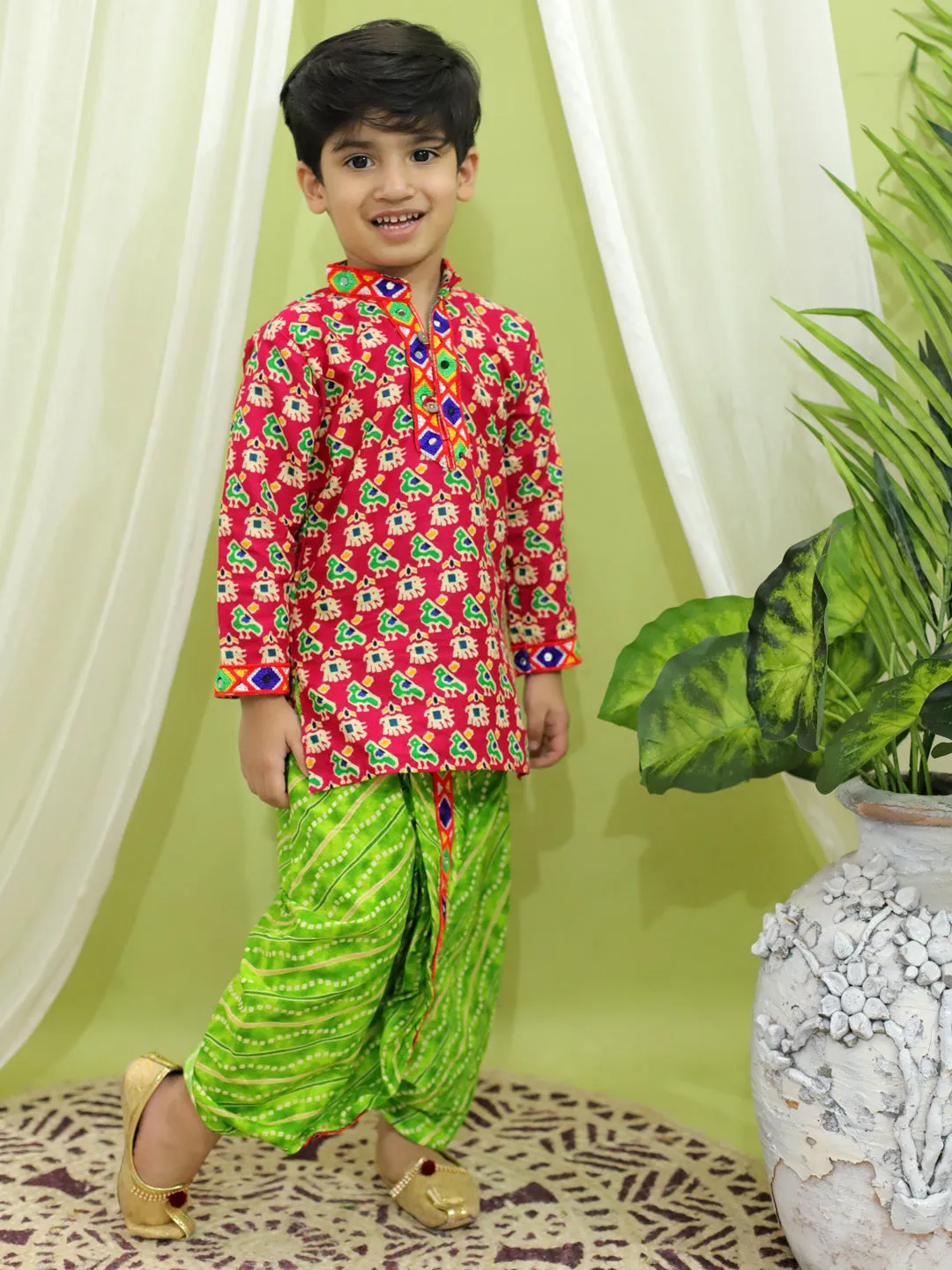 Printed Cotton Kurta with Dhoti for Boys- Maroon