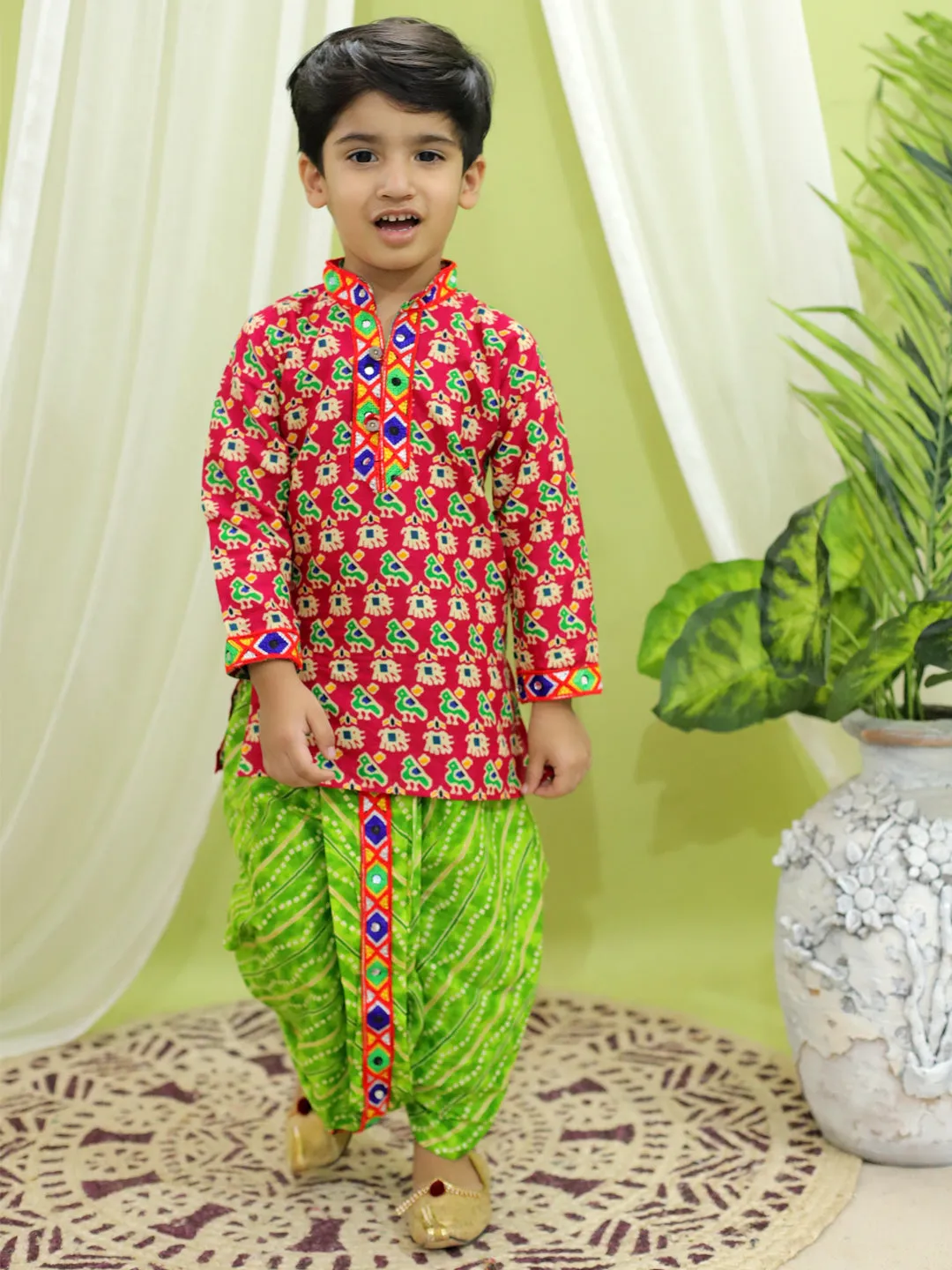 Printed Cotton Kurta with Dhoti for Boys- Maroon