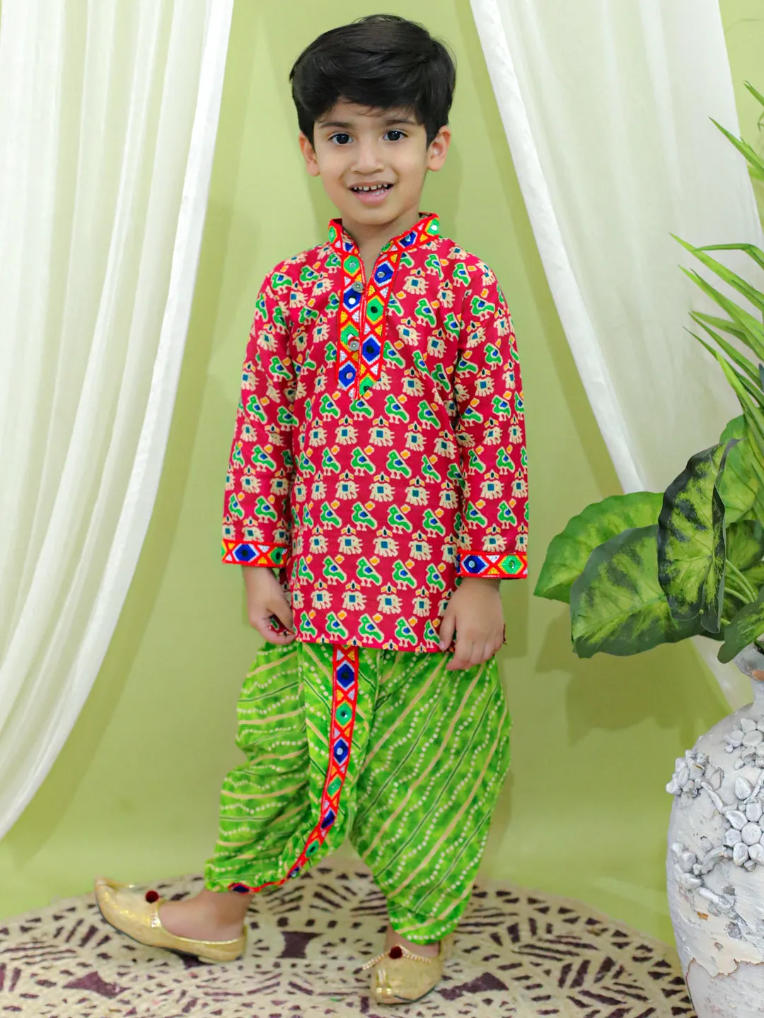 Printed Cotton Kurta with Dhoti for Boys- Maroon