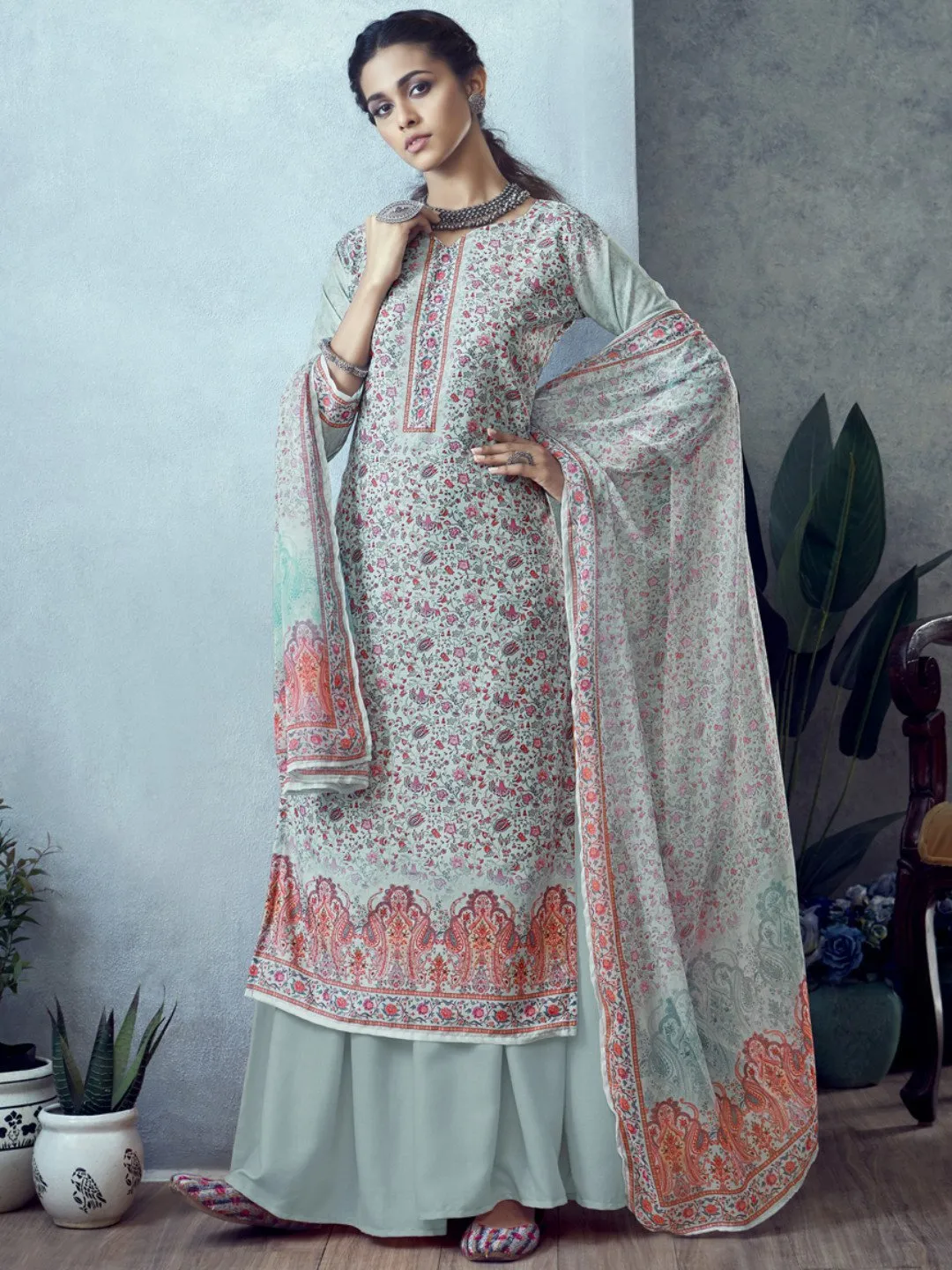 Printed Un-Stitched Light Grey Palazzo Suit with Dupatta