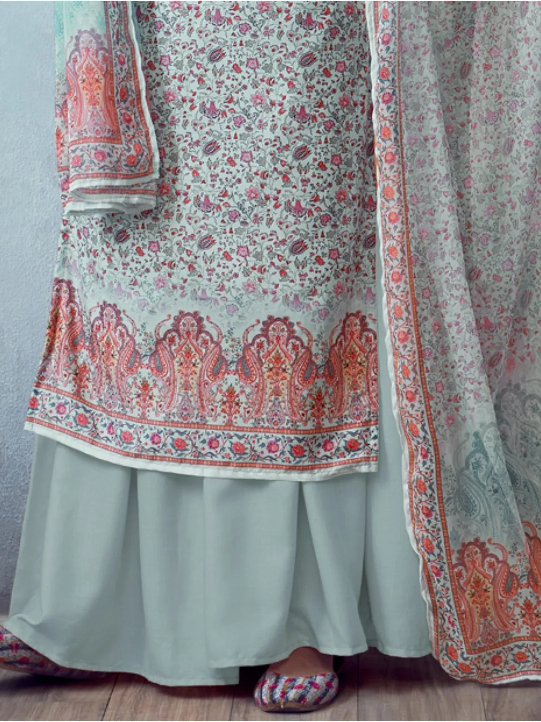 Printed Un-Stitched Light Grey Palazzo Suit with Dupatta