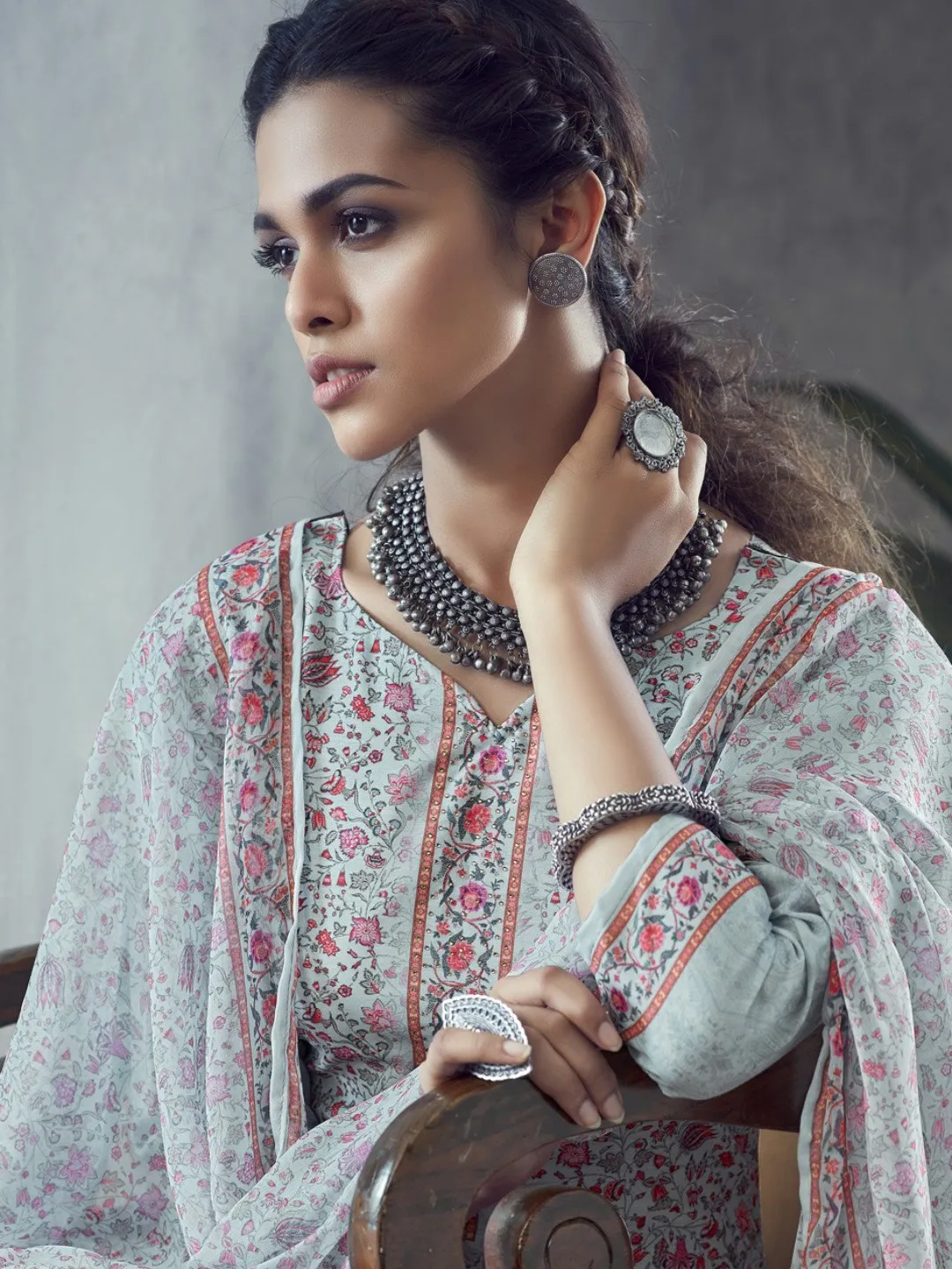 Printed Un-Stitched Light Grey Palazzo Suit with Dupatta