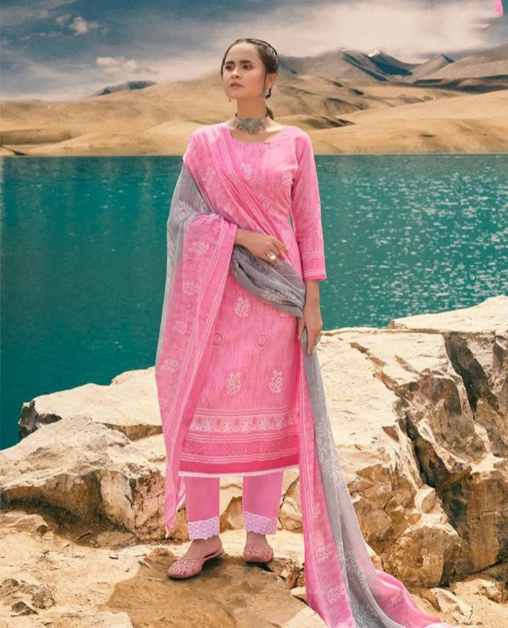 Pure Cotton Pink Unstitched Printed Suit Material