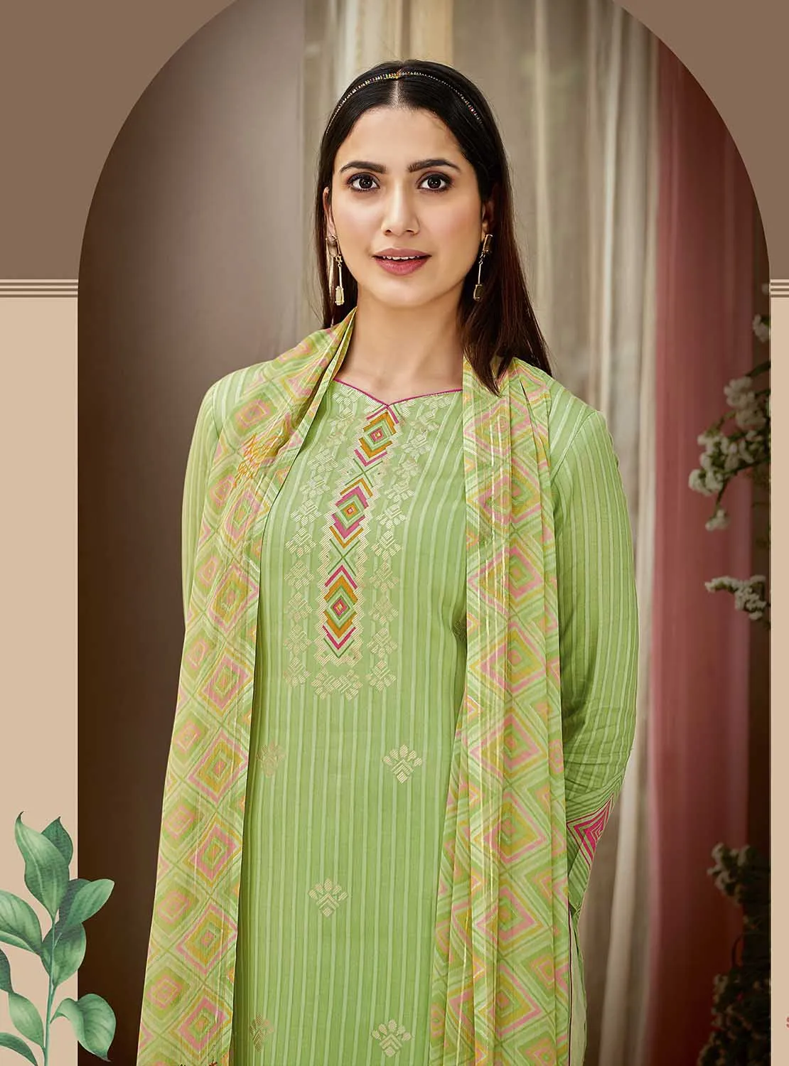 Pure Cotton Printed Green Unstitched Salwar Suit Material