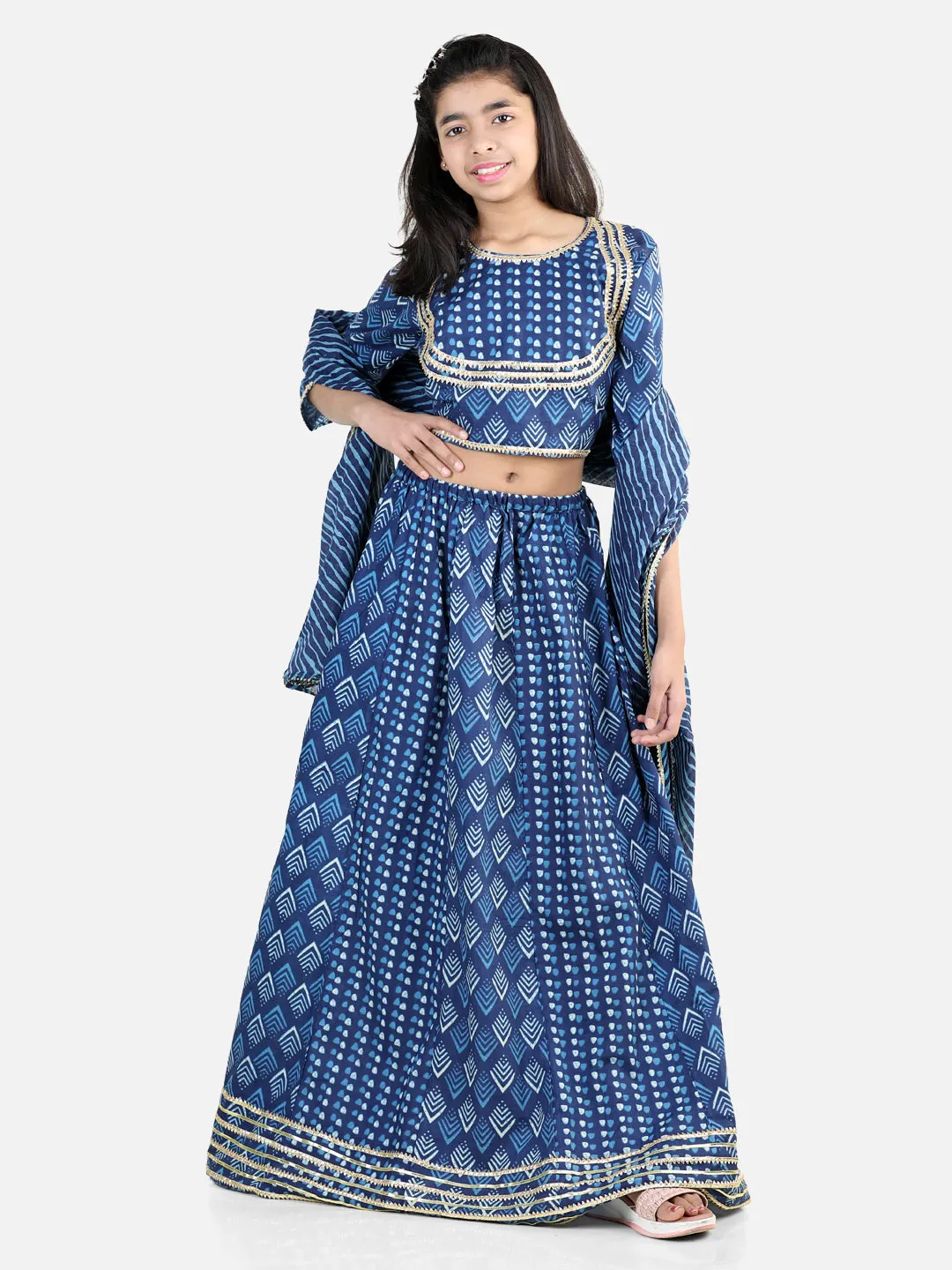 Pure Cotton Printed Lehenga Choli Dupatta Set for Girls- Blue