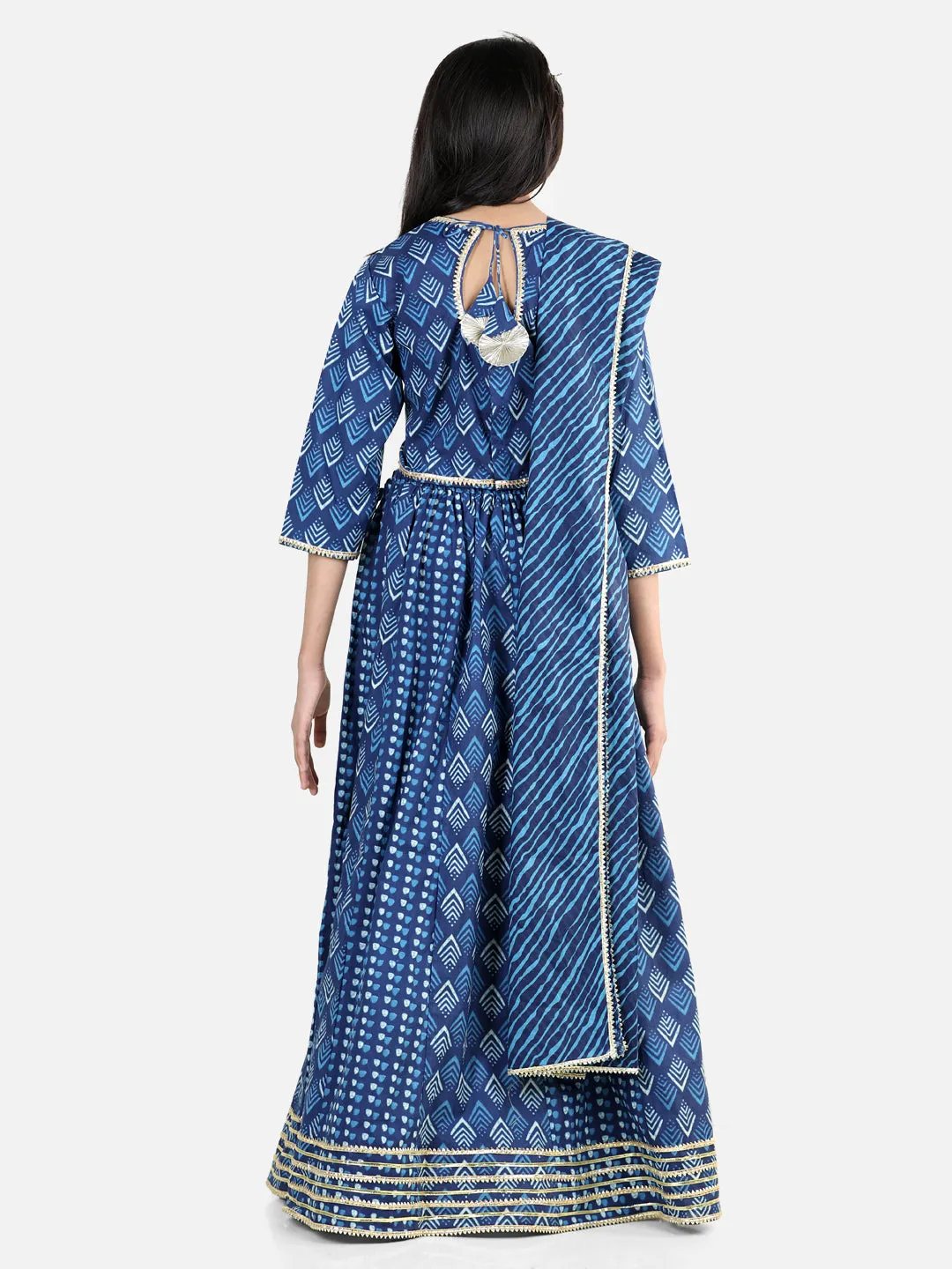 Pure Cotton Printed Lehenga Choli Dupatta Set for Girls- Blue