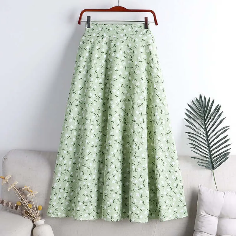 REALEFT New Stylish Floral Printed Tulle Mi-long Women Skirts High Waist Loose Female Umbrella Skirts Ladies Spring Summer