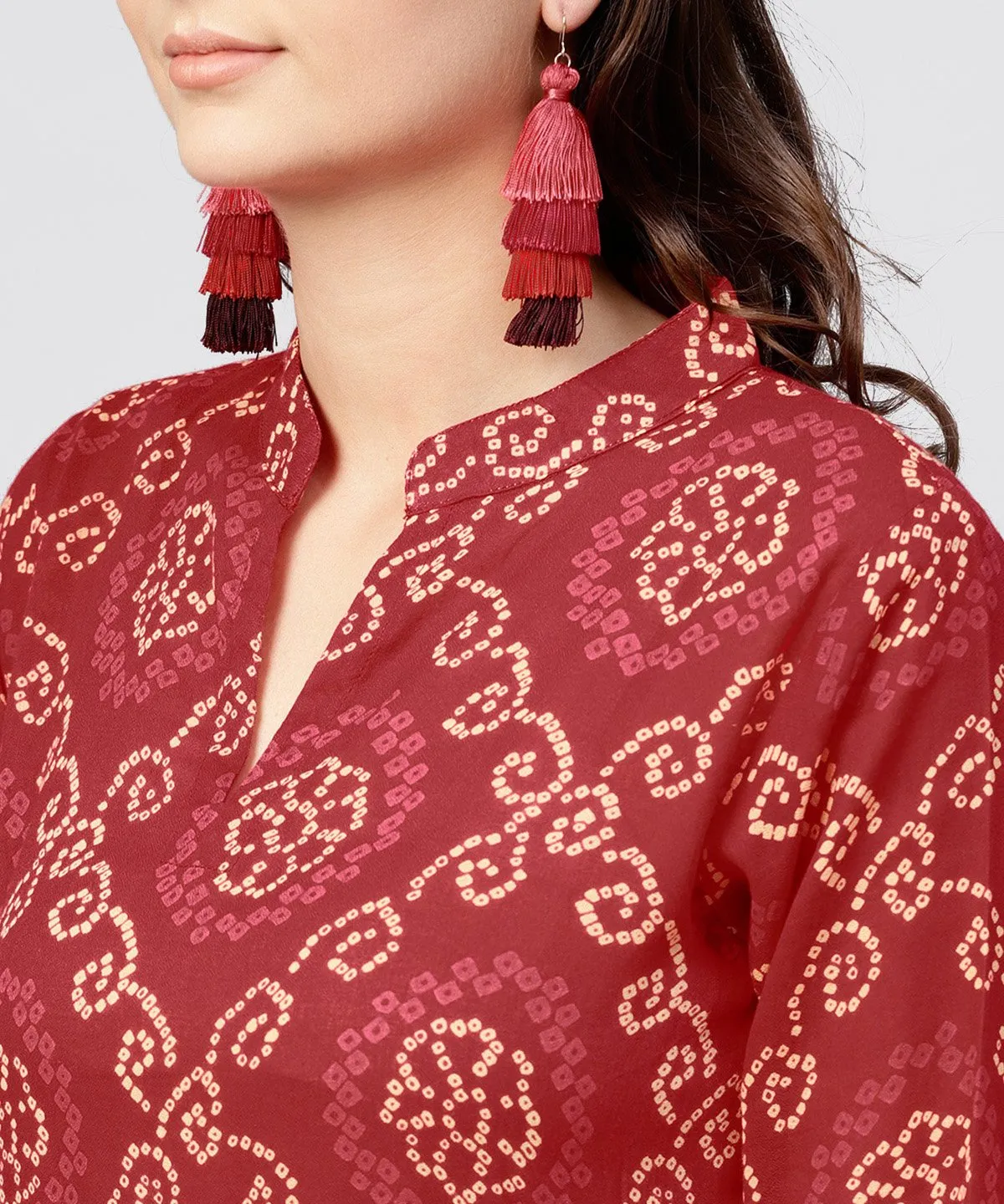 Red Printed Dress With Mandarin Collar And 3/4 Sleeves