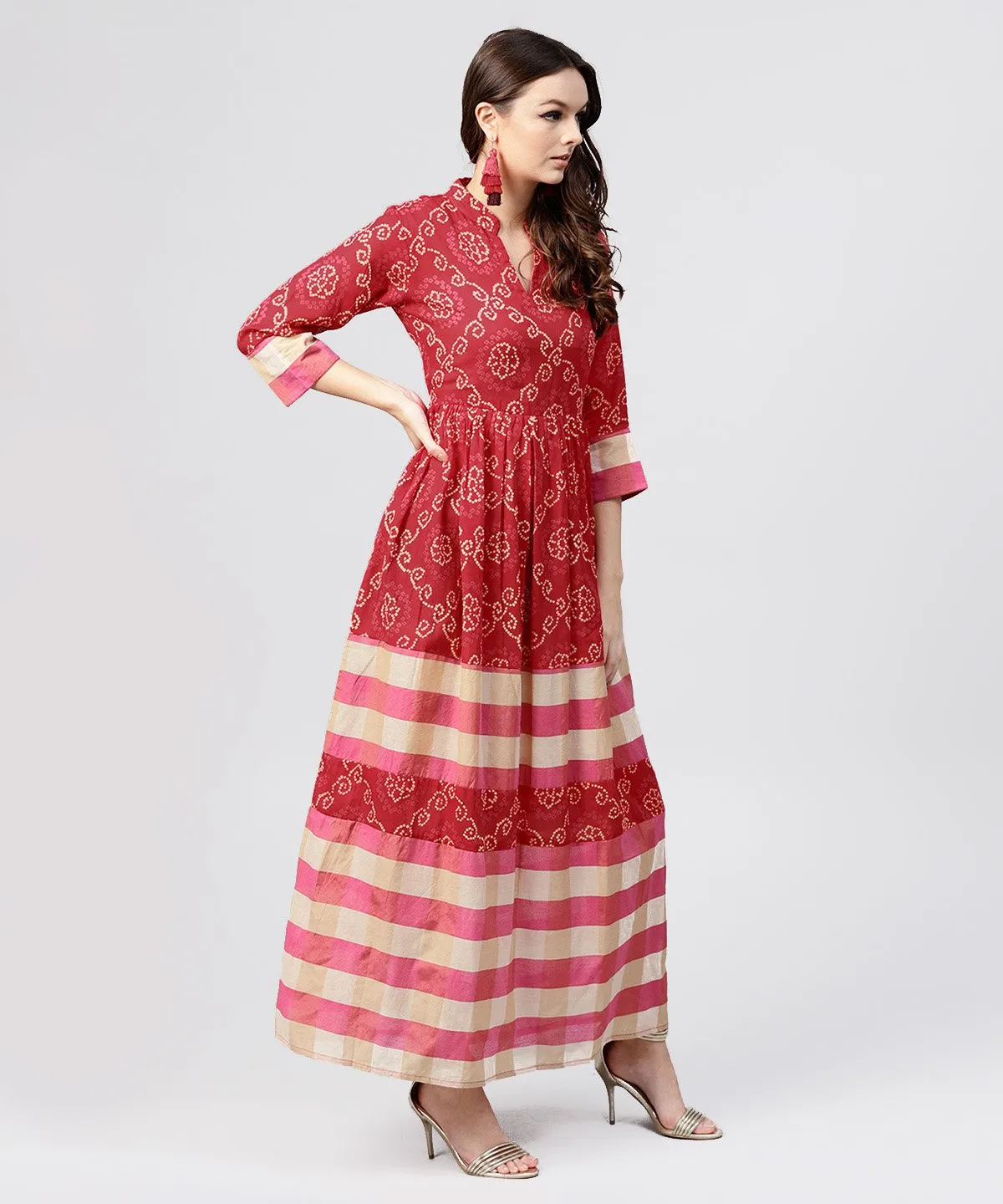 Red Printed Dress With Mandarin Collar And 3/4 Sleeves