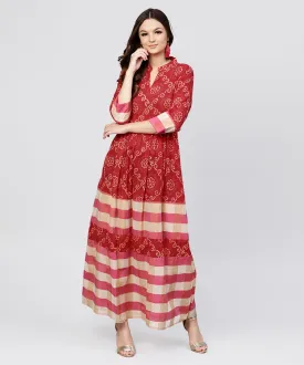 Red Printed Dress With Mandarin Collar And 3/4 Sleeves