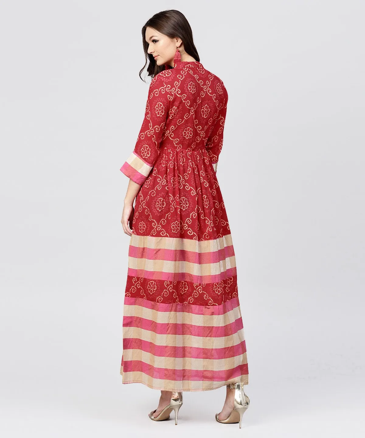 Red Printed Dress With Mandarin Collar And 3/4 Sleeves