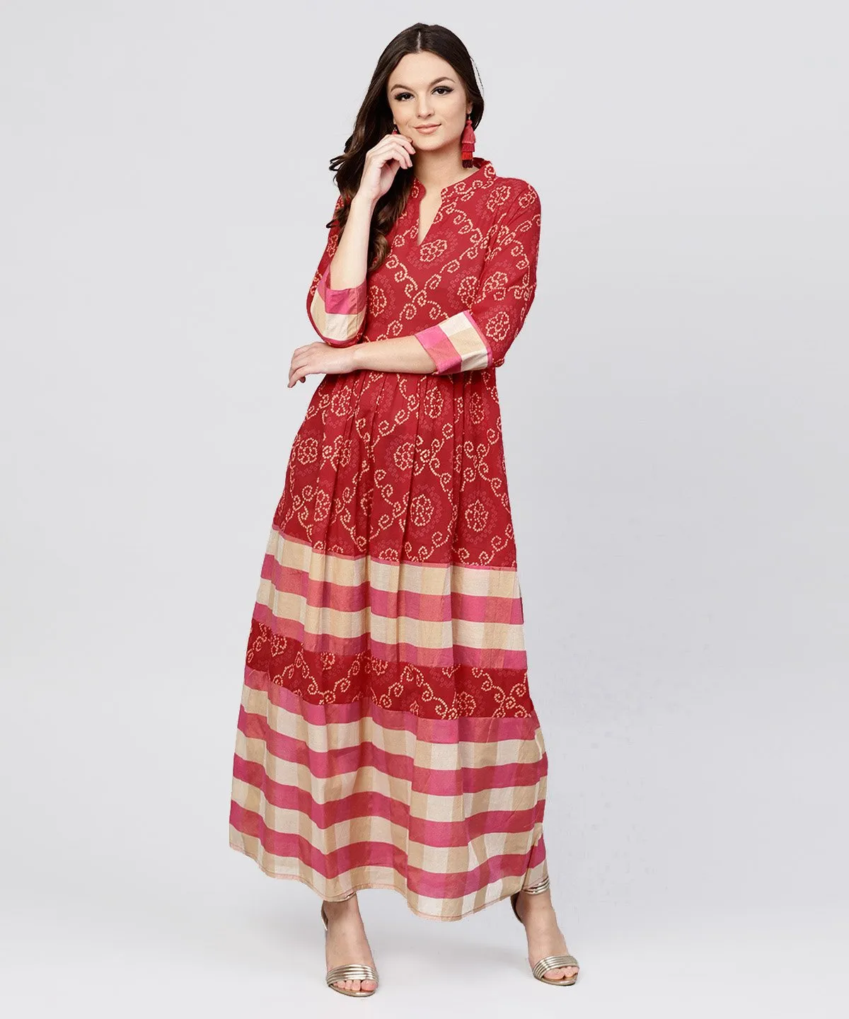 Red Printed Dress With Mandarin Collar And 3/4 Sleeves