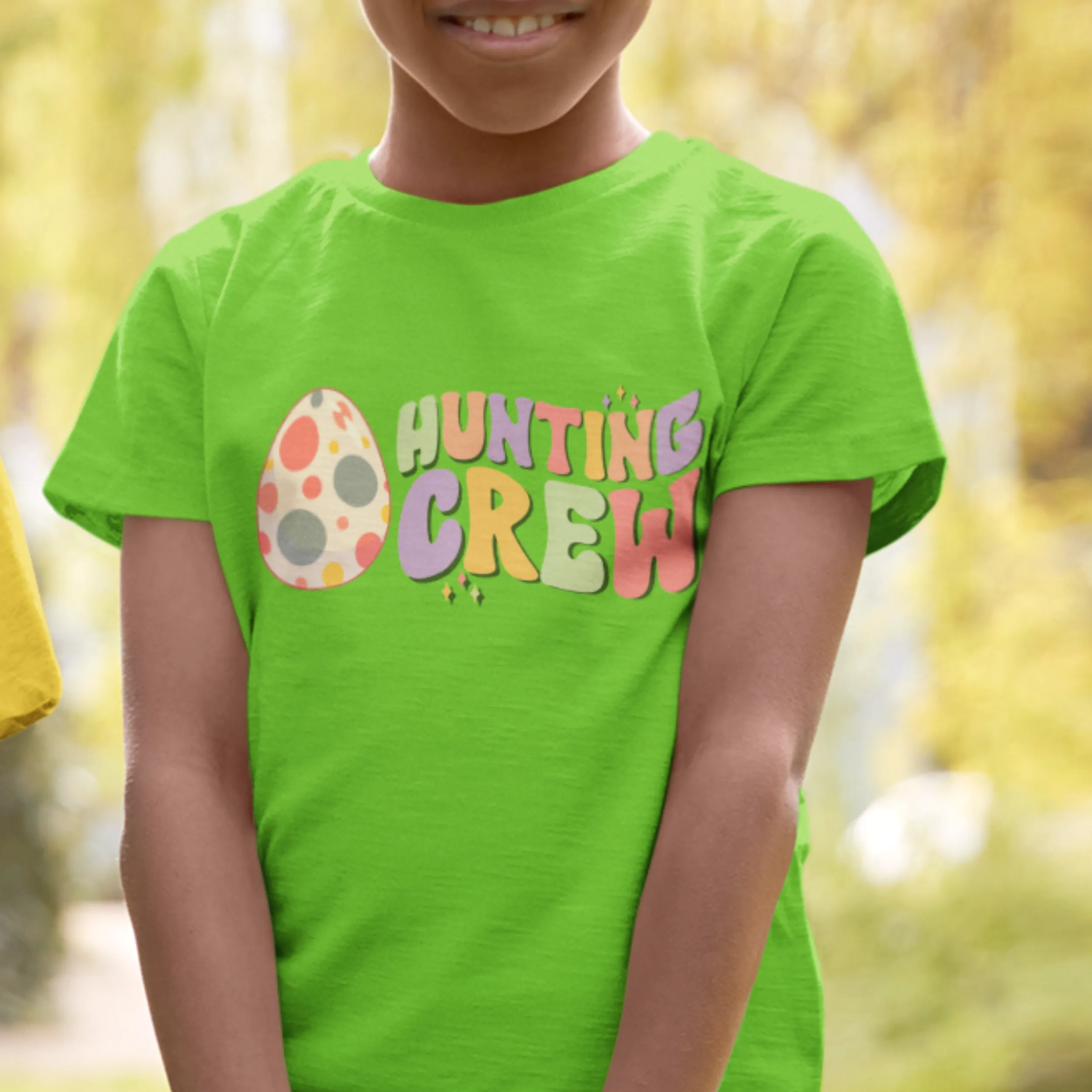 Retro Hunting Crew Kids Fine Jersey Tee Easter T-Shirt Cute, Colorful Easter T-Shirt, Yellow, Green, Blue or Pink Tee