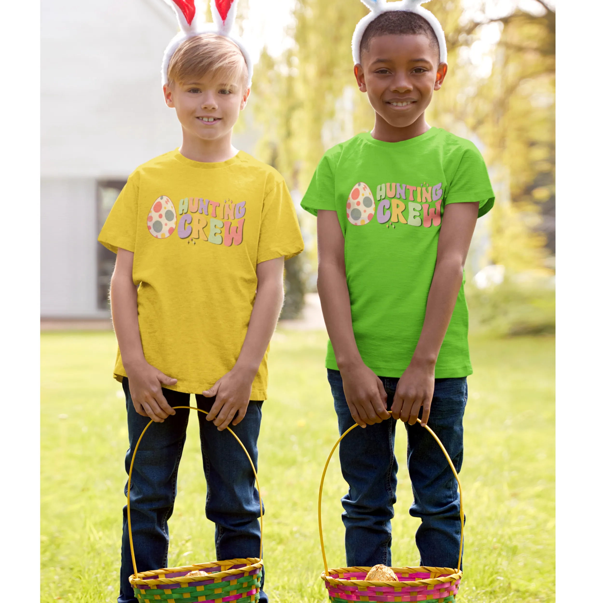 Retro Hunting Crew Kids Fine Jersey Tee Easter T-Shirt Cute, Colorful Easter T-Shirt, Yellow, Green, Blue or Pink Tee