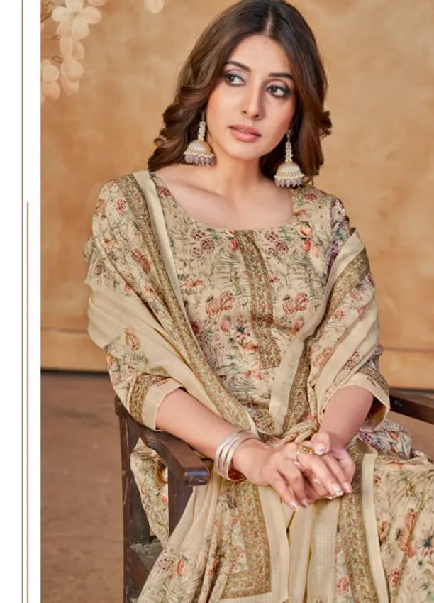 Rivaa Beige Printed Pashmina Women Unstitched Winter Suit Material