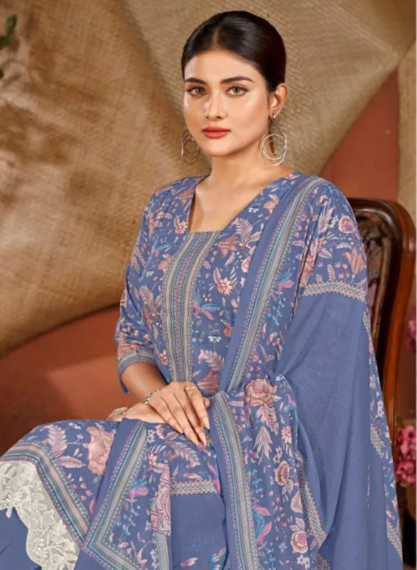 Rivaa Blue Pure Cotton Satin Unstitched Suit Dress Material for Women