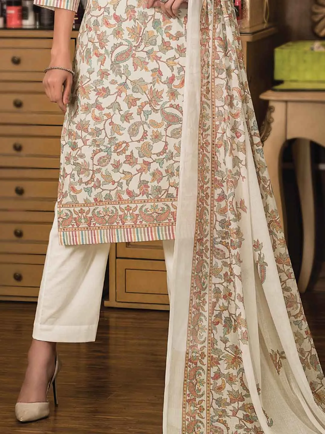 Rivaa Pure Cotton Unstitched Off-White Salwar Suit Material for Ladies