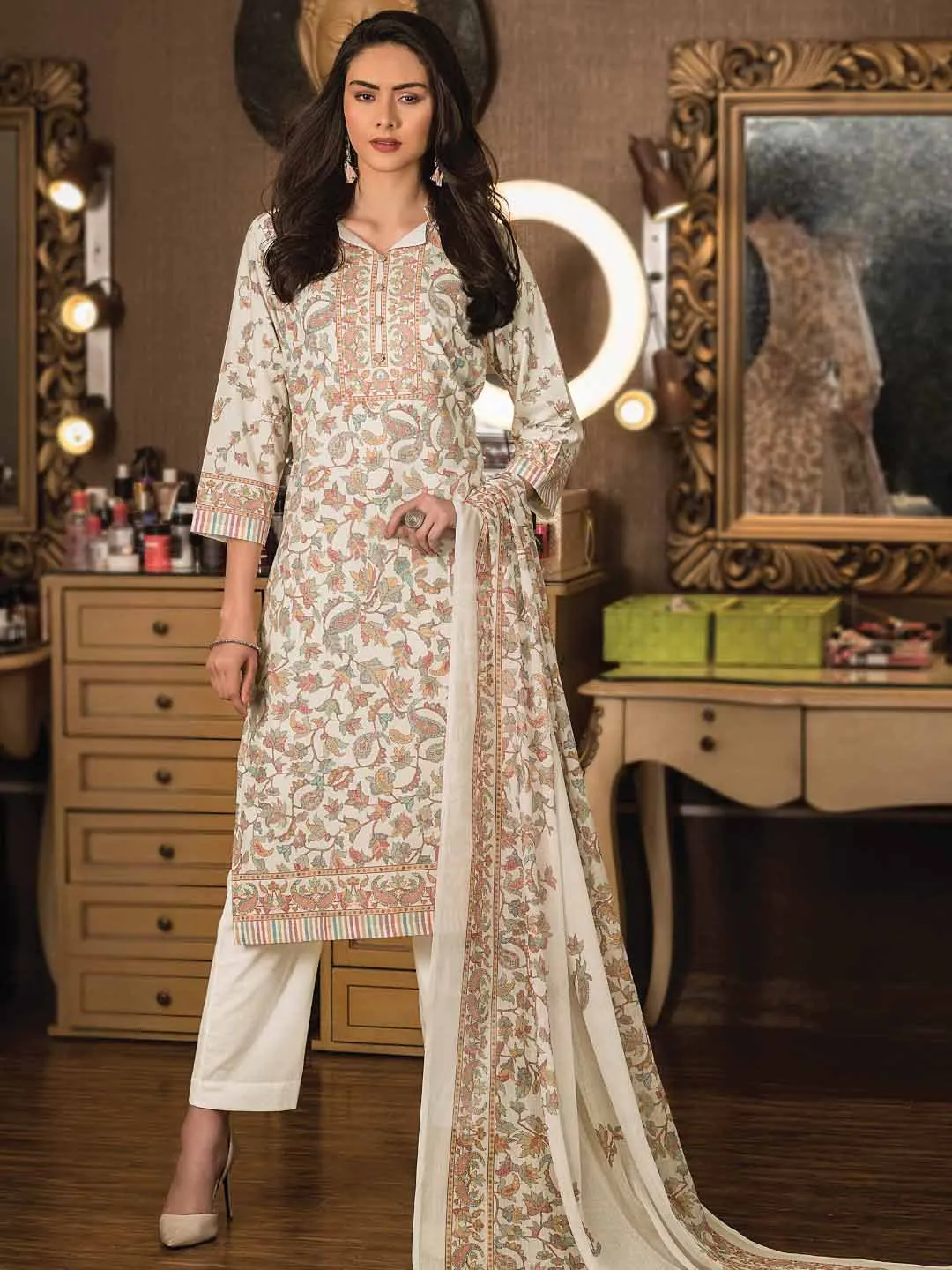 Rivaa Pure Cotton Unstitched Off-White Salwar Suit Material for Ladies