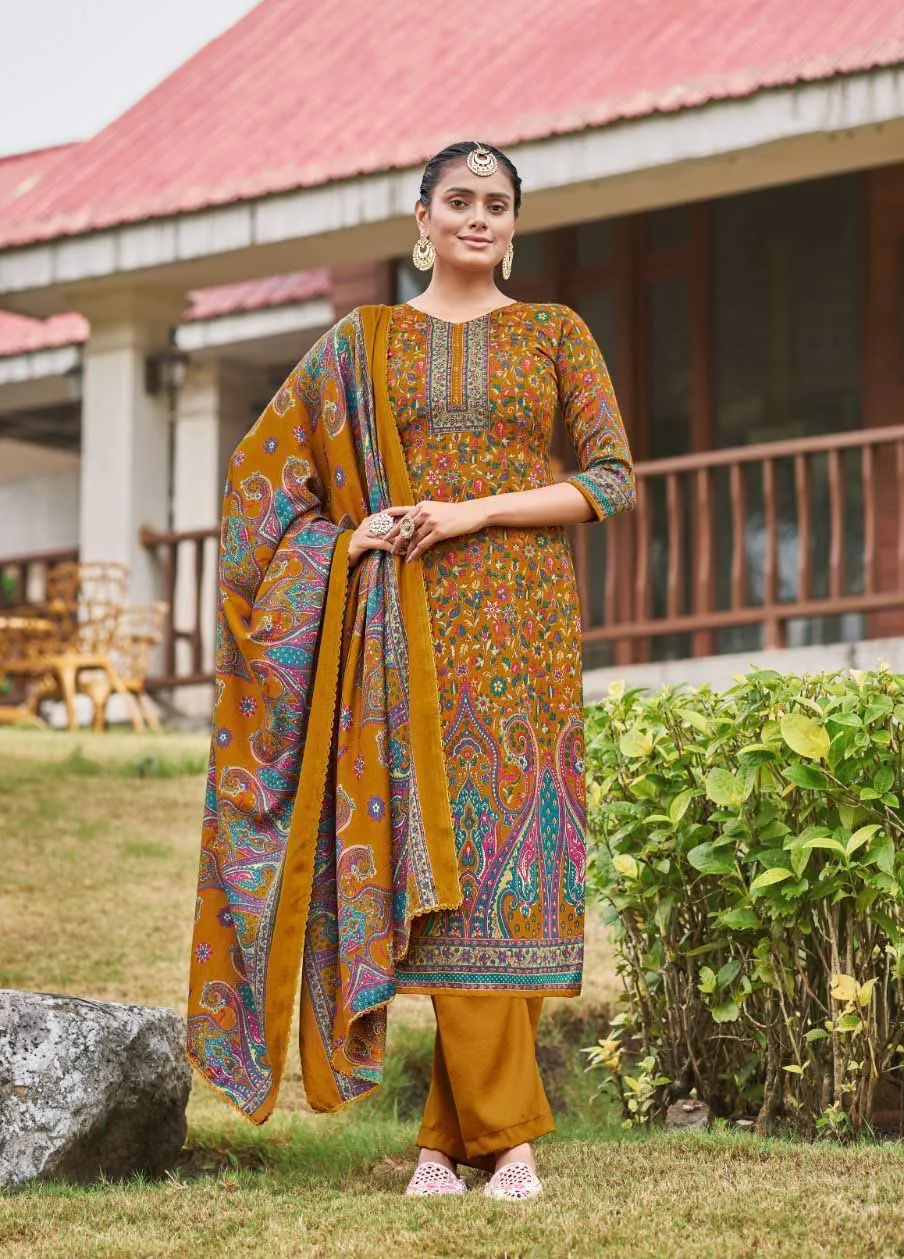 Roli Moli Pashmina Jacquard Mustard Unstitched Winter Suits Set