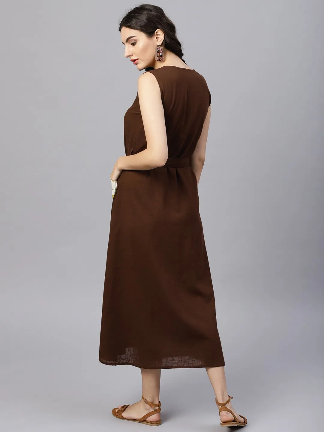 Round Neck Brown Maxi Dress With Front Placket And Belt