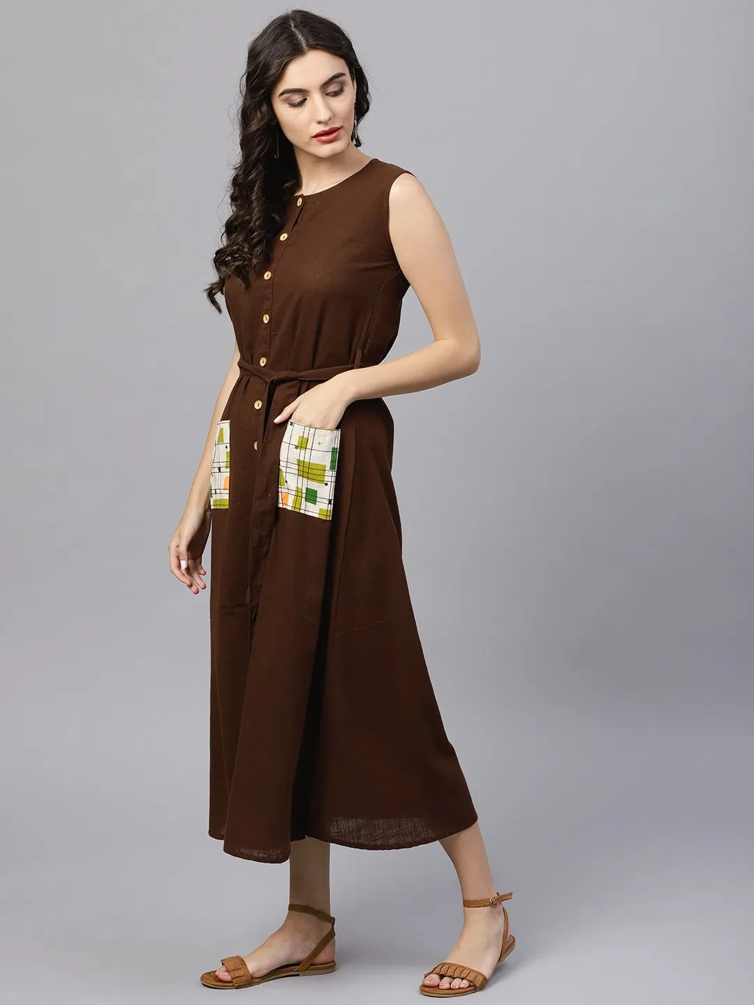 Round Neck Brown Maxi Dress With Front Placket And Belt