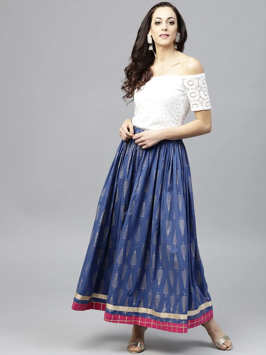 Royal Blue Printed Flared Skirt