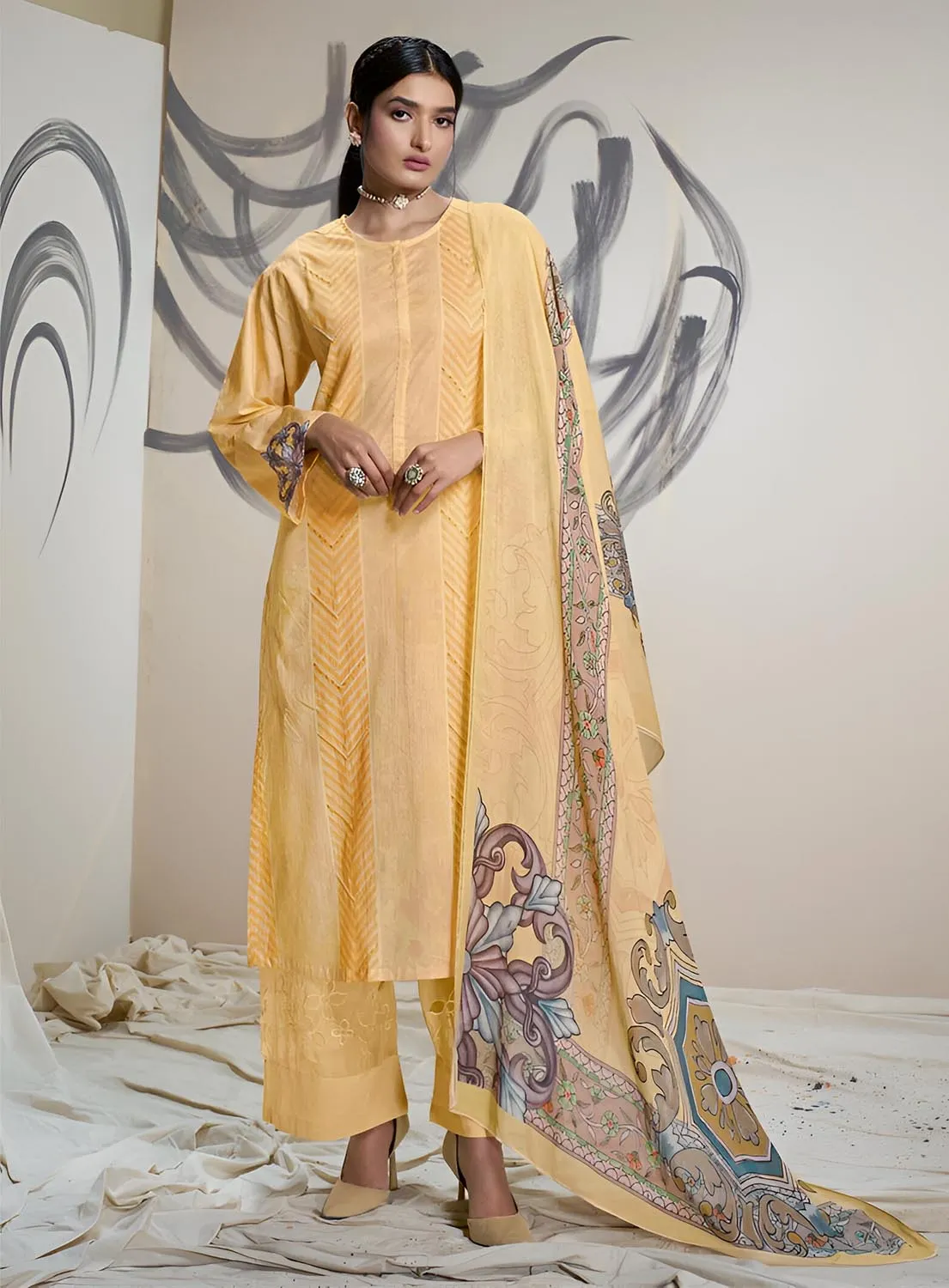 Sahiba Pure Cotton Lawn Yellow Unstitched Suit Material for Women