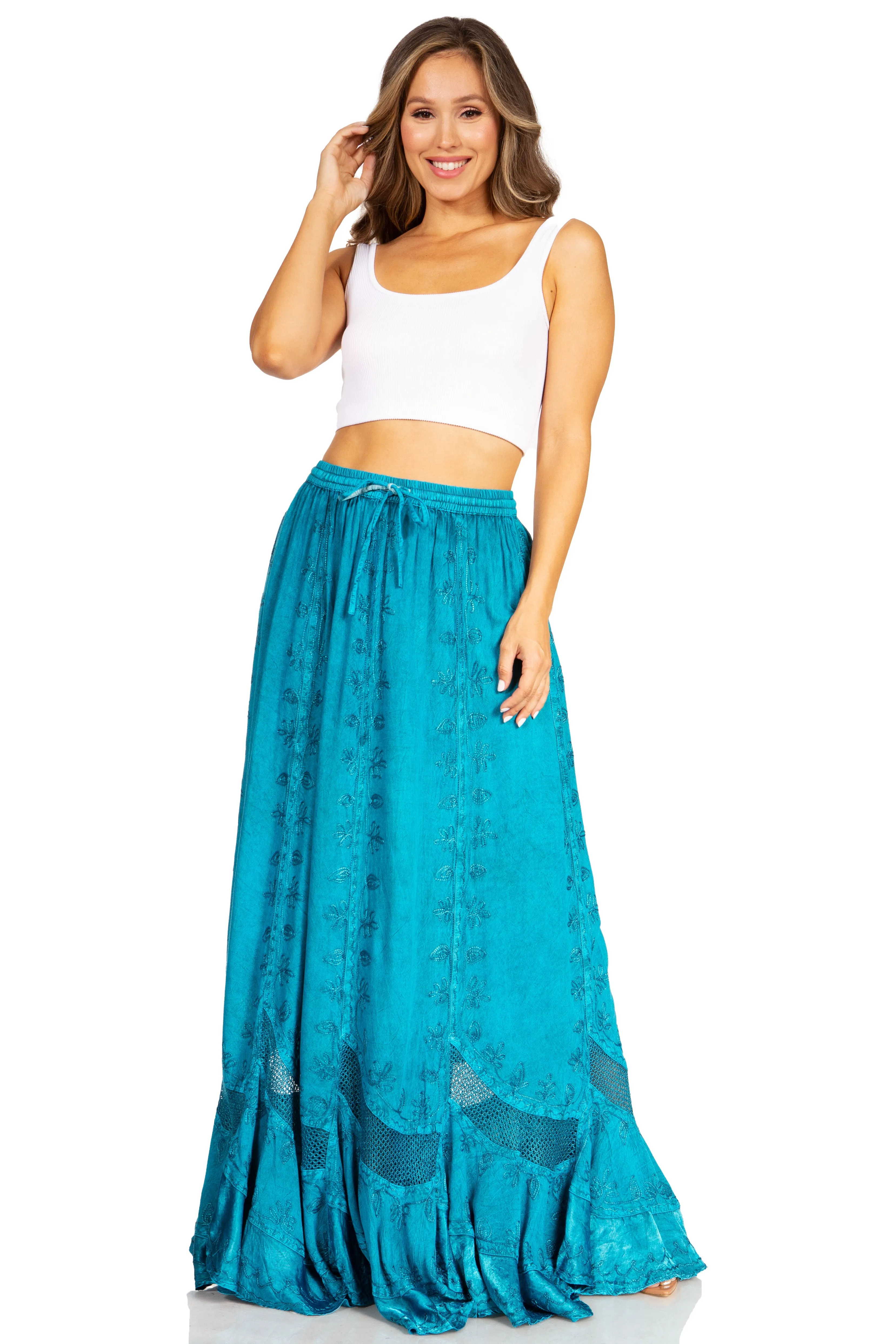 Sakkas Ivy Second Women's Maxi Boho Elastic Waist Embroidered A Line Long Skirt