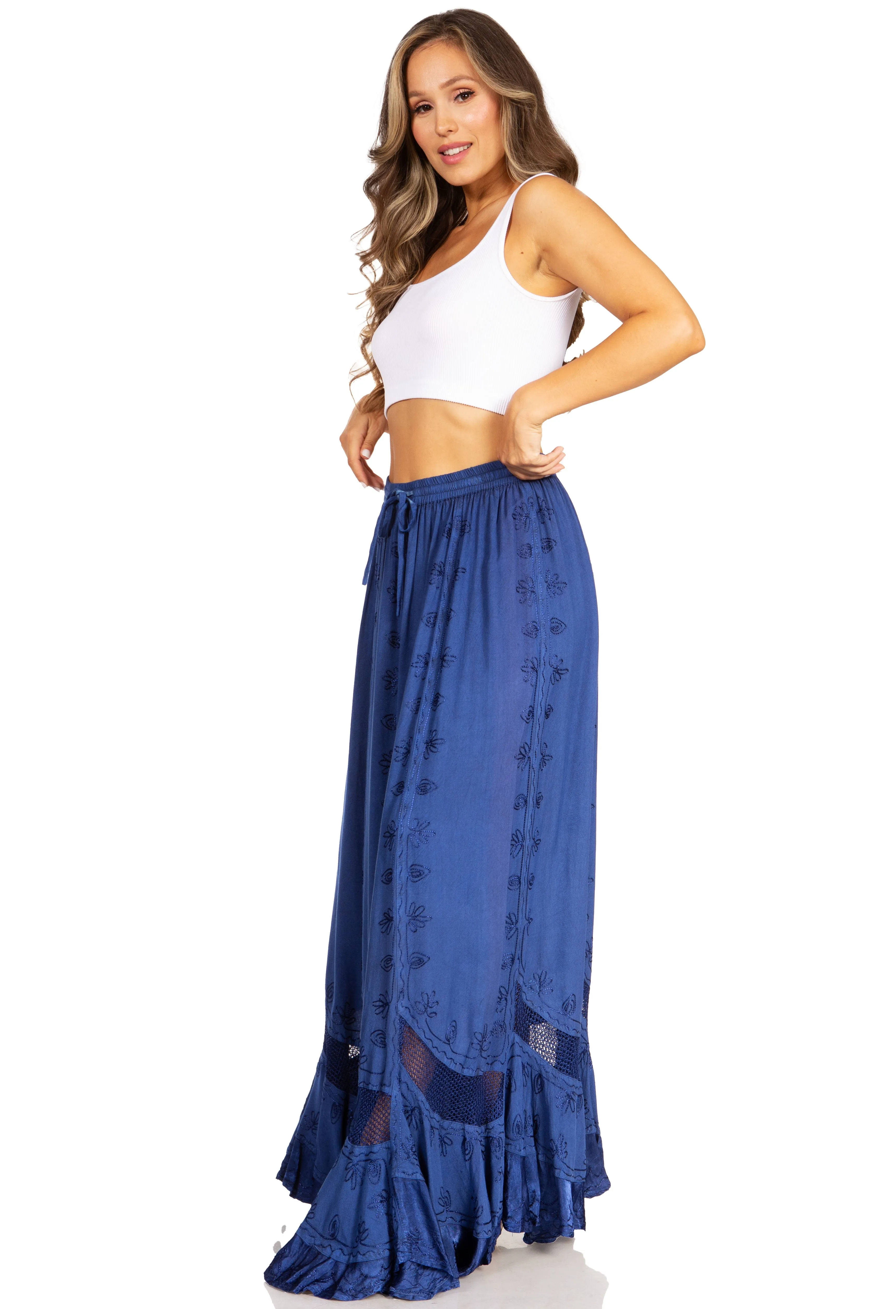 Sakkas Ivy Second Women's Maxi Boho Elastic Waist Embroidered A Line Long Skirt