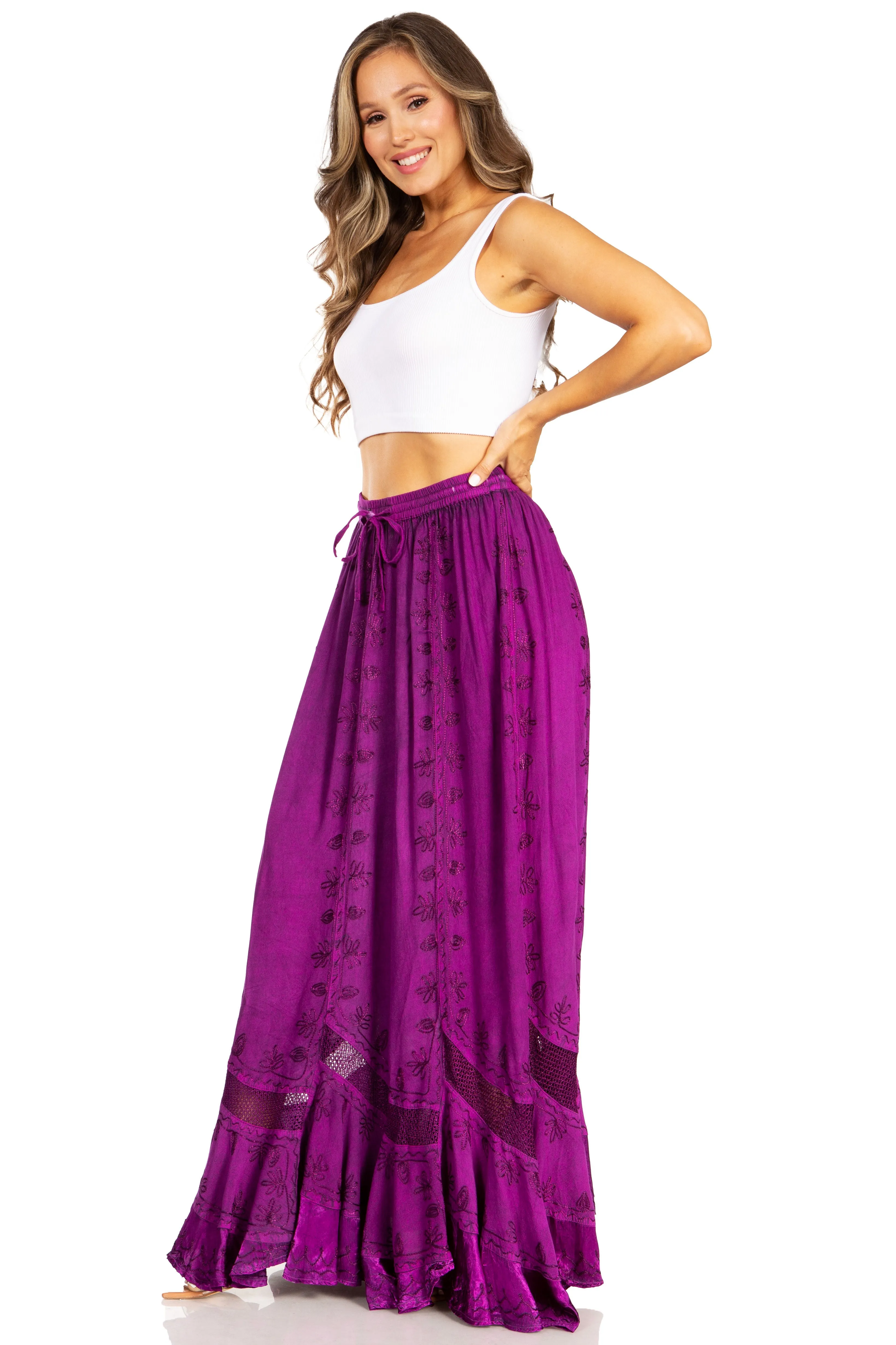 Sakkas Ivy Second Women's Maxi Boho Elastic Waist Embroidered A Line Long Skirt